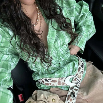 MQTIME  -  Spring 2025 New Style Checked Fitted Blouse for Ladies with Pleated Sleeves and Shirt Design streetwear dress for women